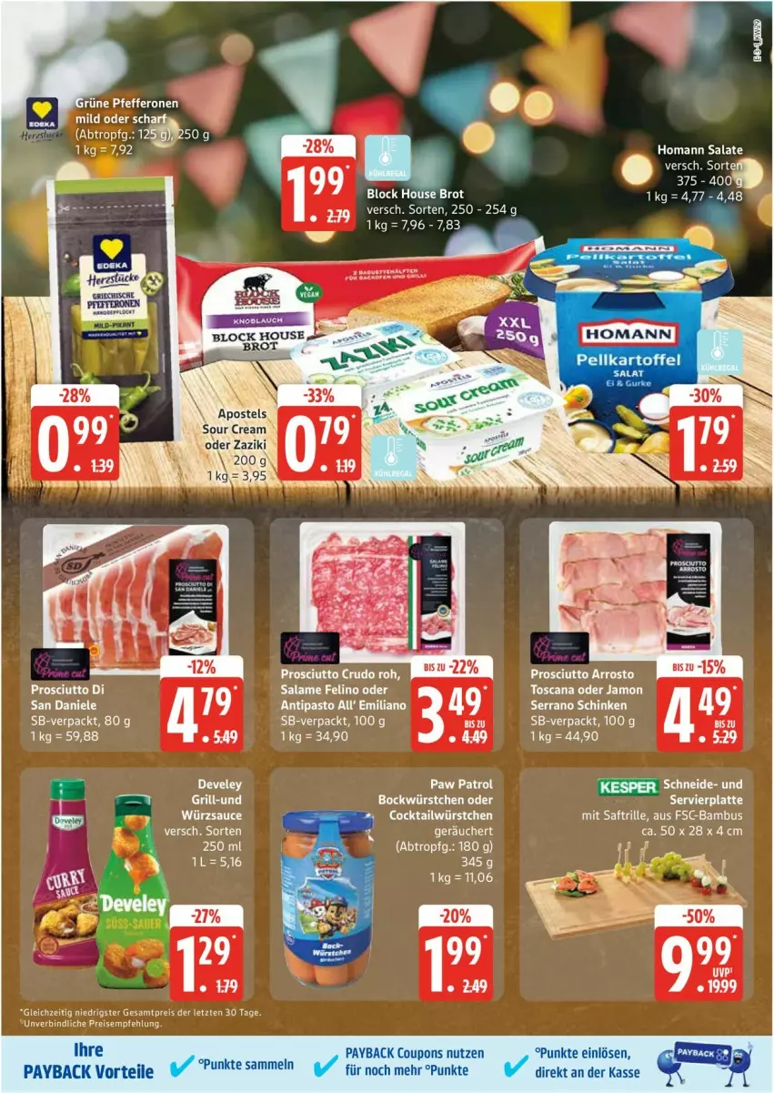 Aktueller Prospekt Edeka - Prospekte - von 14.07 bis 19.07.2025 - strona 3 - produkty: bambus, brot, cocktail, coupon, coupons, develey, eis, homann, latte, Paw Patrol, payback, prosciutto, prosciutto crudo, reis, saft, salat, salate, sauce, schinken, serrano, serrano schinken, tee, Ti, würstchen, würzsauce, ZTE