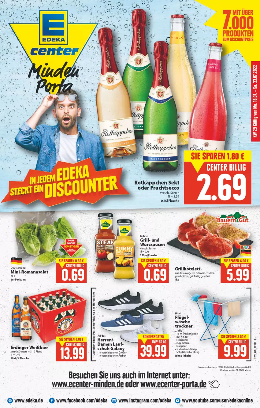 Aktueller Prospekt E Center - Angebote der Woche - von 18.07 bis 23.07.2022 - strona 1 - produkty: Adidas, bier, deka, ecco, eis, elle, ente, erdinger, flasche, frucht, fruchtsecco, gewürz, grill, grillkotelett, Kinder, kotelett, reis, Romanasalat, rotkäppchen, salat, sauce, saucen, schnitten, schwein, schweine, schweinerücken, sekt, teller, Ti, Trockner, wein, weine, würzsauce, würzsaucen, Yo