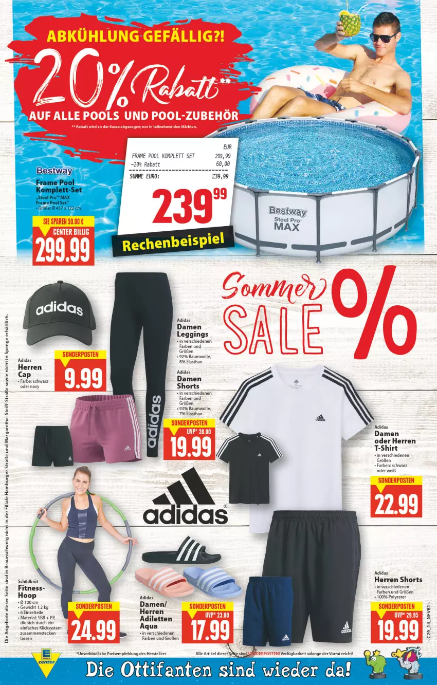 Aktueller Prospekt E Center - Angebote der Woche - von 18.07 bis 23.07.2022 - strona 14 - produkty: Adidas, angebot, angebote, Bau, baumwolle, braun, burger, Cap, eis, elle, gin, hamburger, leggings, pool, reis, Ria, shirt, shorts, T-Shirt, teller, Ti, wolle, Zelt