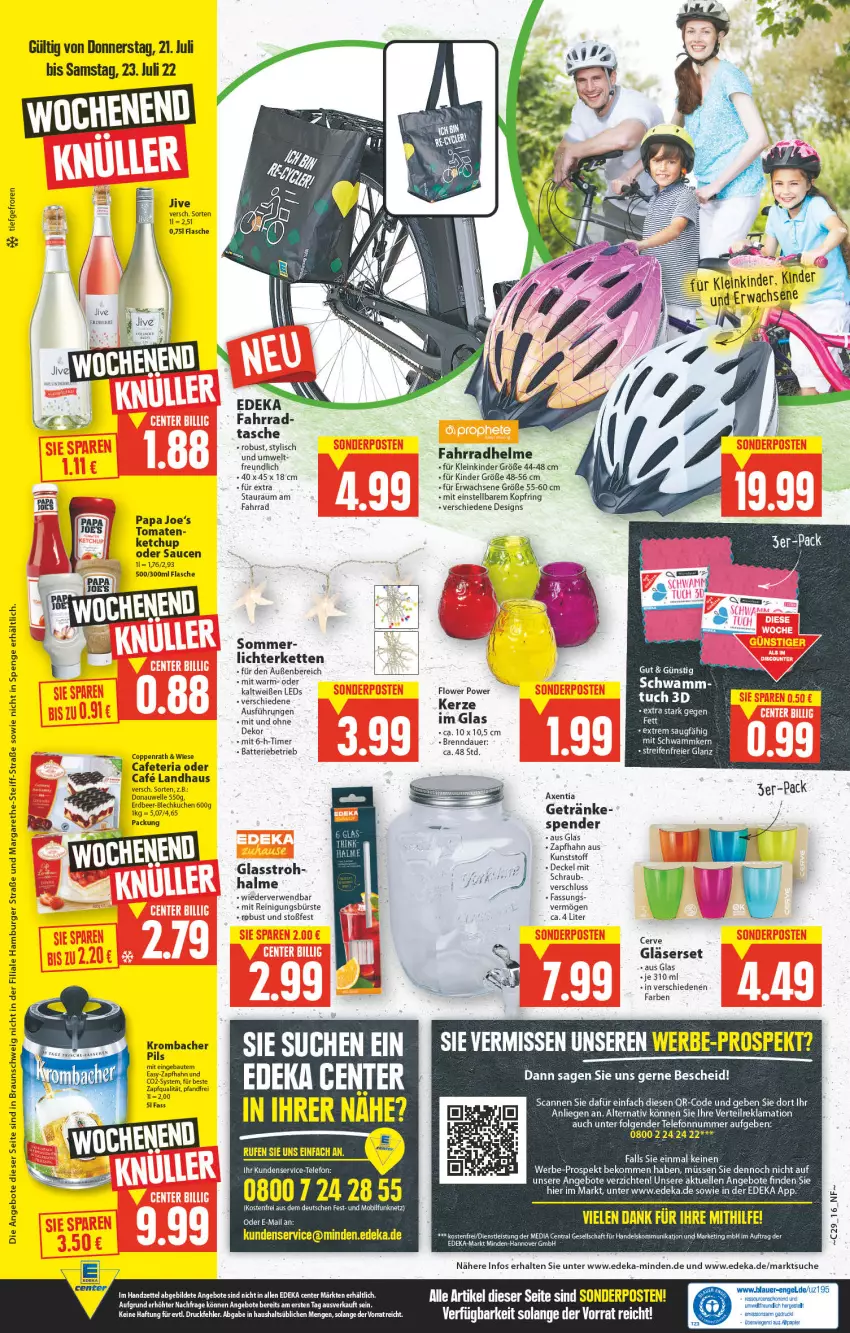 Aktueller Prospekt E Center - Angebote der Woche - von 18.07 bis 23.07.2022 - strona 16 - produkty: angebot, angebote, auer, axe, batterie, Bau, beere, beko, braun, burger, bürste, coppenrath, decke, Deckel, deka, eier, eis, elle, Engel, ente, erdbeere, Fahrrad, fahrradhelm, flasche, getränk, getränke, Gläser, hamburger, kerze, ketchup, Kette, Kinder, krombache, krombacher, krombacher pils, kuchen, leds, LG, lichterkette, Liege, papier, pils, Reinigung, reinigungsbürste, Ria, ring, rwe, sauce, saucen, schwamm, sonderposten, Tasche, telefon, Ti, timer, tomate, tomaten, tuc