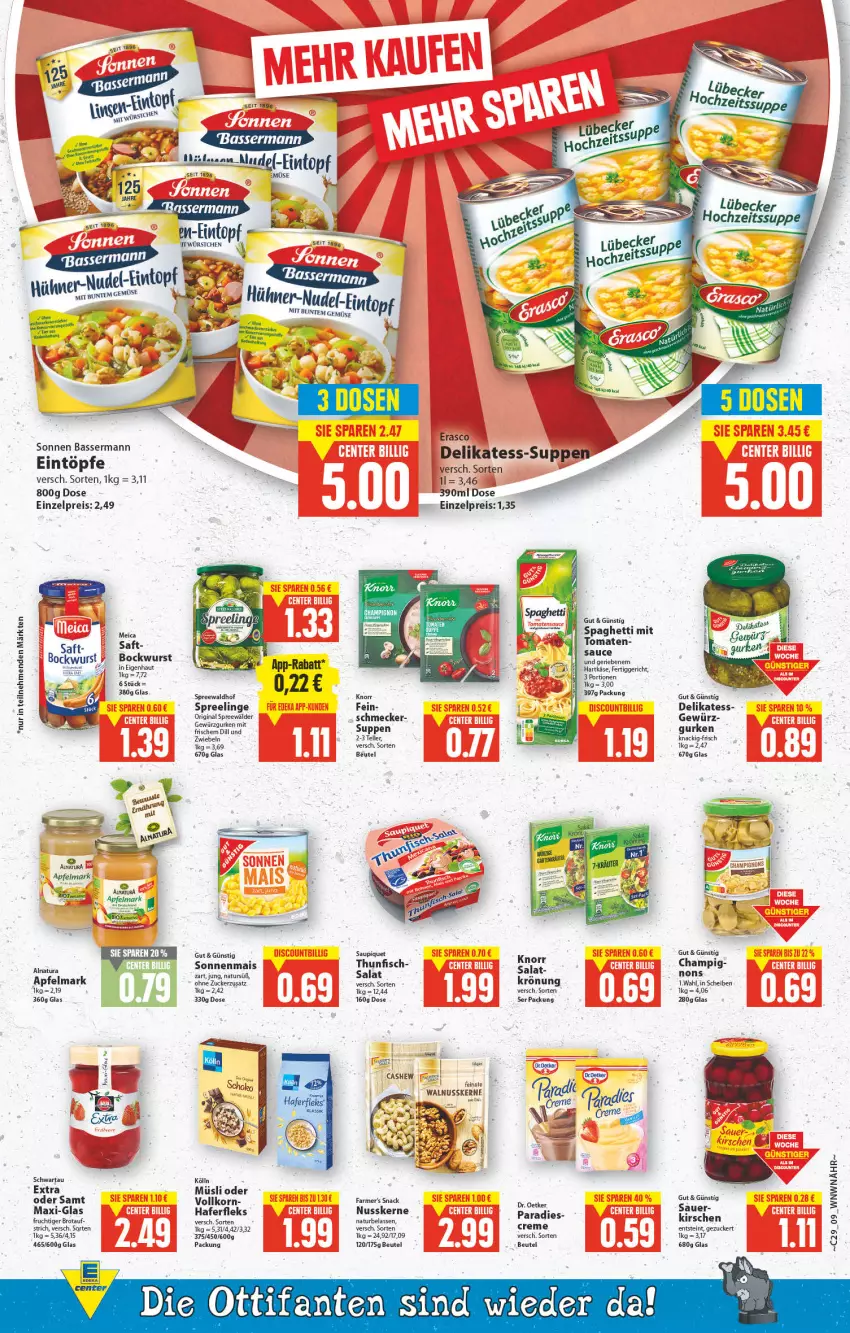 Aktueller Prospekt E Center - Angebote der Woche - von 18.07 bis 23.07.2022 - strona 9 - produkty: apfel, auer, beutel, bockwurst, brot, creme, droetker, eintopf, eintöpfe, eis, elle, erasco, fertiggericht, fisch, frucht, gewürz, Gewürzgurke, gewürzgurken, gin, gurke, gurken, hafer, haferfleks, hartkäse, hühner, Käse, kirsch, kirsche, kirschen, knorr, kölln, korn, mais, meica, müsli, natur, natura, nudel, nuss, reis, saft, salat, sauce, saupiquet, Schwartau, snack, spaghetti, spreewälder, spreewaldhof, suppe, suppen, teller, thunfisch, Ti, tomate, tomaten, topf, walnuss, walnusskerne, wurst, würstchen, zucker, zwiebel, zwiebeln