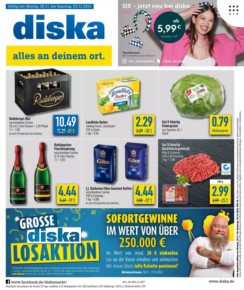 Aktueller Prospekt Diska - Prospekte - von 28.11 bis 03.12.2022 - strona 3 - produkty: aktionspreis, angebot, angebote, Berger, bier, butter, darbo, darboven, dell, eilles gourmet, eis, eisbergsalat, flasche, fleisch, hackfleisch, kaffee, landliebe, mac, Mode, radeberger, reis, rind, rotkäppchen, salat, schwein, Streichzart, Ti, wein, ZTE