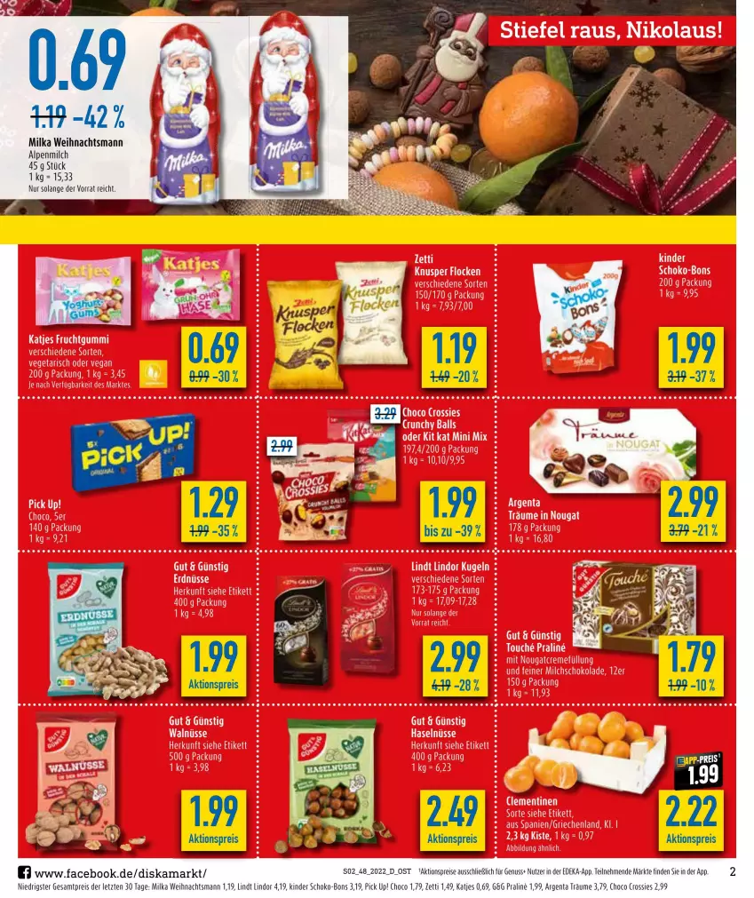 Aktueller Prospekt Diska - Prospekte - von 28.11 bis 03.12.2022 - strona 4 - produkty: aktionspreis, alpenmilch, choco crossies, crossies, deka, eis, katjes, Kinder, lindor, lindt, milch, milka, nuss, Pick Up!, reis, schoko, schoko-bons, Ti, ZTE