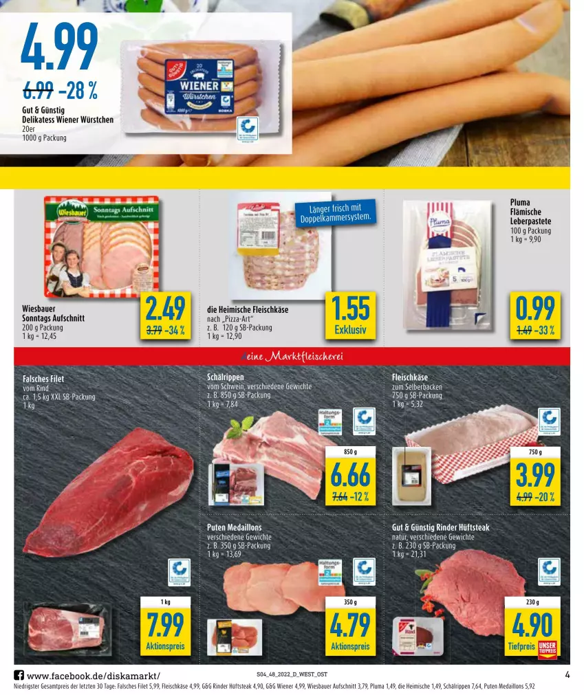 Aktueller Prospekt Diska - Prospekte - von 28.11 bis 03.12.2022 - strona 6 - produkty: aktionspreis, auer, aufschnitt, Bau, Bauer, eis, Falsches Filet, filet, fleisch, fleischkäse, hüftsteak, Käse, medaillons, pastete, pizza, pute, reis, rind, rinder, Rippen, schwein, steak, tee, Ti, tiefpreis, wein, wiener, wiener würstchen, wiesbauer, würstchen, ZTE