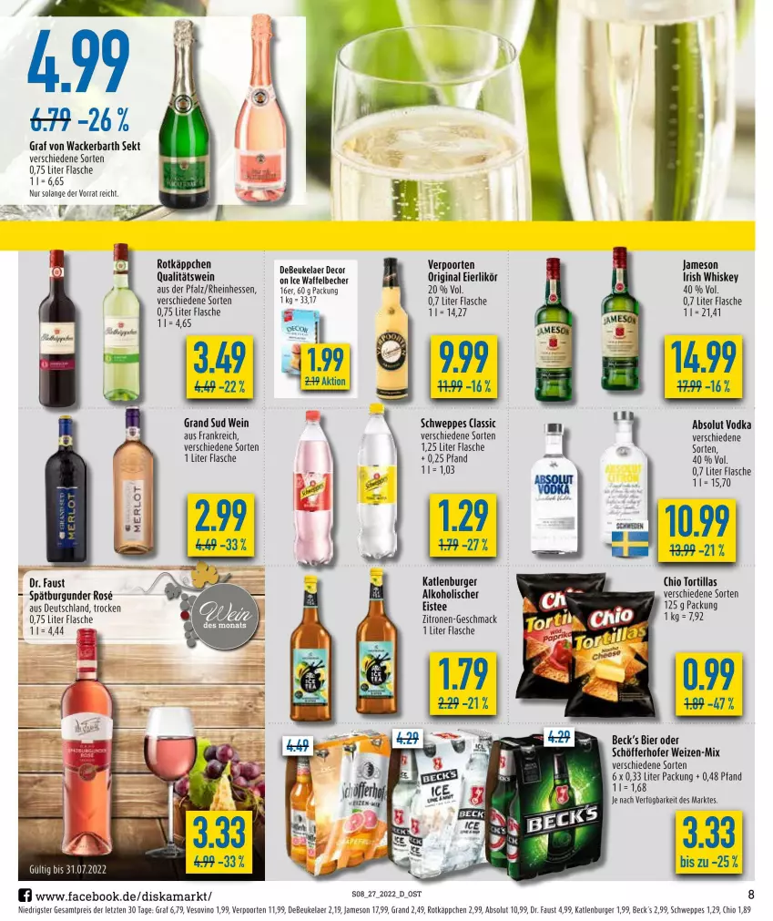 Aktueller Prospekt Diska - Prospekte - von 04.07 bis 09.07.2022 - strona 8 - produkty: Absolut Vodka, alkohol, aust, bier, burger, burgunder, debeukelaer, eier, eierlikör, eis, eistee, flasche, gin, irish whiskey, jameson, katlenburger, likör, mac, qualitätswein, reis, rotkäppchen, schöfferhofer, schweppes, sekt, spätburgunder, tee, Ti, tortilla, tortillas, verpoorten, vodka, wein, whiskey, ZTE