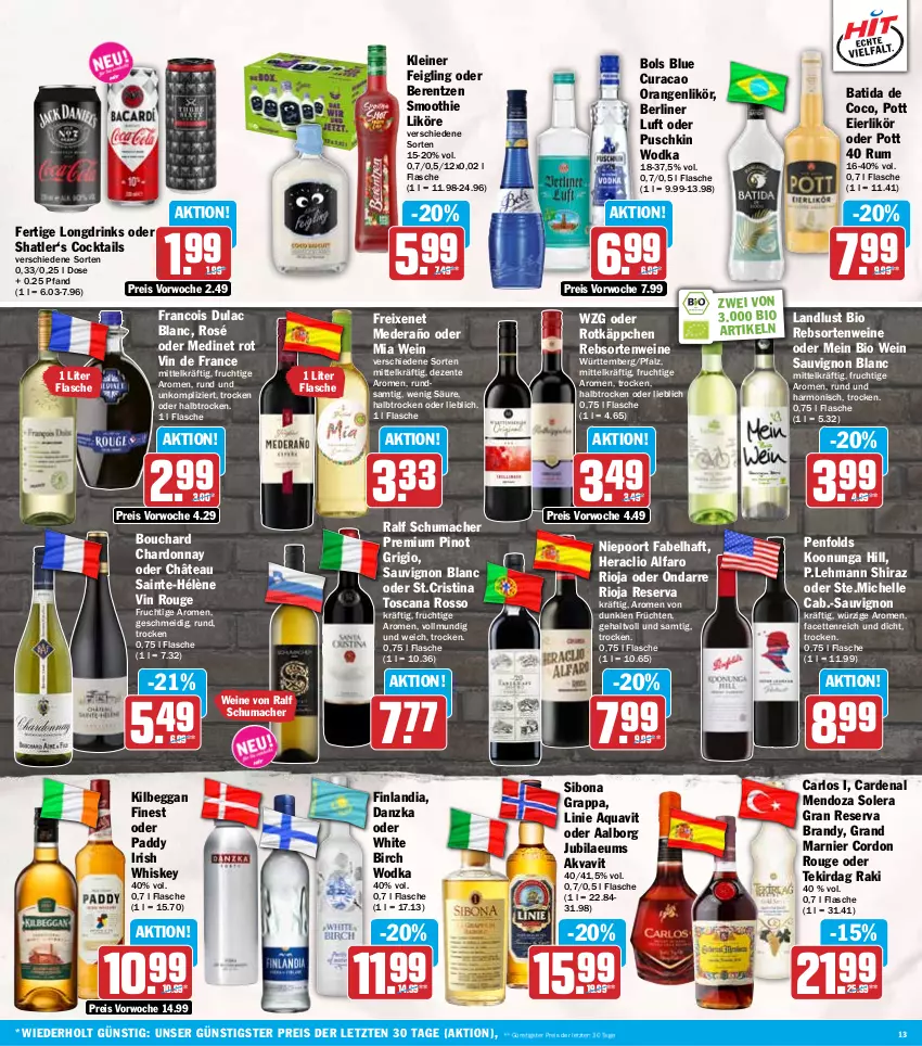 Aktueller Prospekt Hit - Wochenprospekt - von 06.10 bis 11.10.2025 - strona 13 - produkty: Aalborg, aqua, aquavit, arlo, batida, berentzen, berliner, berliner luft, bio, Bona, chardonnay, cocktail, cocktails, drink, drinks, eier, eierlikör, eis, elle, ente, flasche, freixenet, frucht, früchte, früchten, grappa, irish whiskey, kilbeggan, kleiner feigling, leine, likör, mac, medinet, orange, orangen, Pinot, pinot grigio, puschkin wodka, rebsortenweine, reis, rioja, rotkäppchen, rouge, rum, sauvignon, sauvignon blanc, smoothie, Ti, vin de france, wein, weine, whiskey, wodka, ZTE