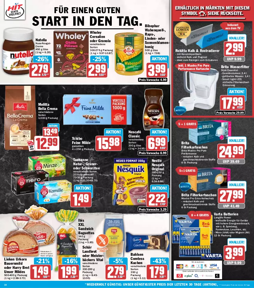 Aktueller Prospekt Hit - Wochenprospekt - von 06.10 bis 11.10.2025 - strona 14 - produkty: armatur, armaturen, auer, baguette, baguettes, bahlsen, batterie, batterien, Bau, Bauer, bella crema, beutel, bihophar, blume, blumen, brita, brot, cerealien, comtess, comtess kuchen, creme, eis, filterkartuschen, gin, honig, korn, kraft, kuchen, Leuchte, leuchten, lieken, longlife, mac, Maxtra, Meister, melitta, natur, nero, Nescafé, nesquik, nestlé, Nougatcreme, nuss, nutella, Rauch, reis, rwe, sandwich, sonnenblume, sonnenblumen, spielzeug, Tchibo, tee, teekanne, Ti, Tiere, urkorn, varta, vita, wasser, wasserfilter, ZTE