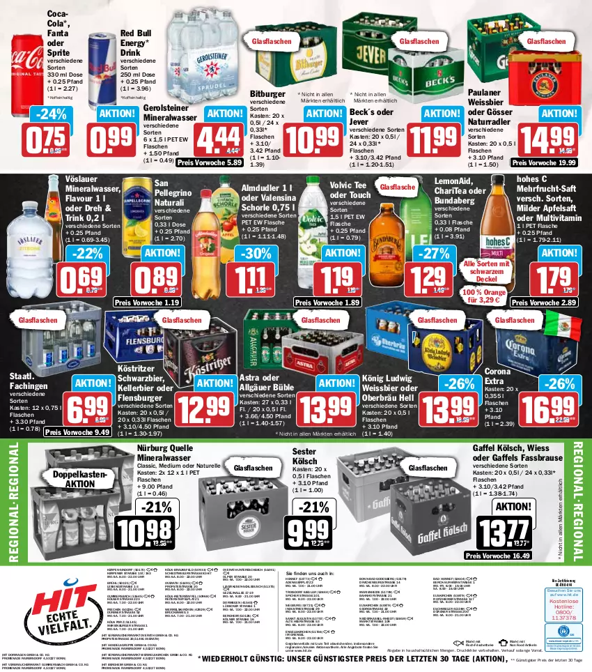 Aktueller Prospekt Hit - Wochenprospekt - von 06.10 bis 11.10.2025 - strona 18 - produkty: almdudler, Alwa, angebot, angebote, apfel, apfelsaft, Astra, auer, Bad, bier, bio, bitburger, braun, brause, Bundaberg, burger, cola, corona, corona extra, decke, Deckel, drink, eimer, eis, elle, Engel, fanta, fanta oder, fanta oder sprite, fassbrause, fisch, flasche, flensburger, frucht, gerolsteine, gerolsteiner, glasflasche, gösser, Hohes C, jever, kellerbier, köstritzer, LG, Lübecker, mineralwasser, natur, natura, oder sprite, orange, Paula, paulaner, radler, Rauch, red bull, reis, rel, saft, san pellegrino, schorle, sprite, Staatl. Fachingen, steiner, tee, Ti, uhr, valensina, vita, volvic, vöslauer, wasser, weissbier, ZTE