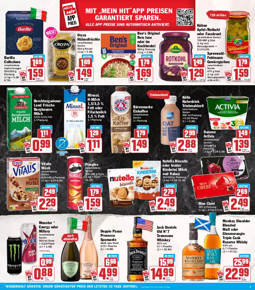Aktueller Prospekt Hit - Wochenprospekt - von 06.10 bis 11.10.2025 - strona 3 - produkty: activia, alkohol, apfel, auer, auto, bärenmarke, barilla, Bau, Bauer, beutel, danone, danone activia, doppio passo, drink, ecco, eis, eiskaffee, flasche, früchte, gewürz, Gewürzgurke, gewürzgurken, gin, gurke, gurken, hafer, Haferdrink, hülsenfrüchte, jack daniel, jack daniels, kaffee, kakao, Kinder, kochbeutel, kölln, Kraut, Kühne, milch, Mixer, mixery, Mon Chéri, monster, müsli, nutella, oryza, passo, pringles, prosecco, puma, reis, ring, rotkohl, senf, spumante, tennessee whiskey, Ti, tisch, vita, vitalis, vitalis müsli, whiskey, whisky, ZTE