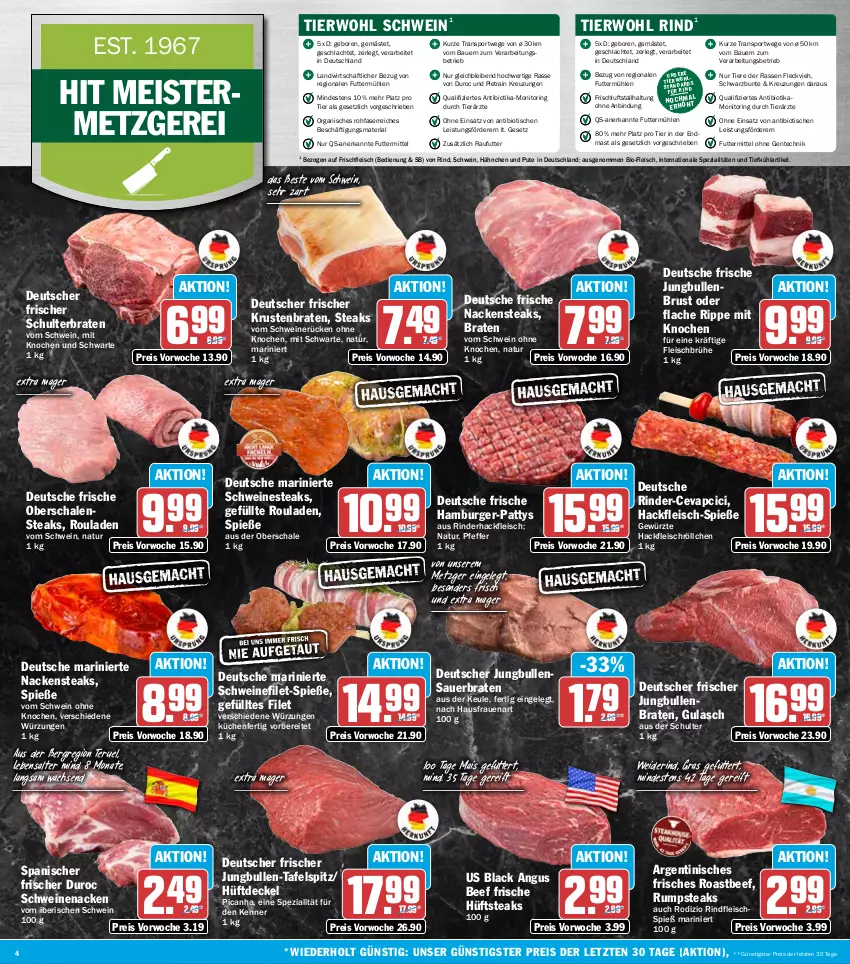 Aktueller Prospekt Hit - Wochenprospekt - von 06.10 bis 11.10.2025 - strona 4 - produkty: auer, Bau, Bauer, beef, bio, braten, Brühe, burger, cevapcici, decke, Deckel, eis, ente, filet, fleisch, Geflügel, gewürz, gulasch, hackfleisch, hamburger, hüftsteak, hüftsteaks, jungbullen, krustenbraten, küche, Küchen, lack, mais, Meister, monitor, Nackensteak, nackensteaks, natur, Nestea, pfeffer, pute, reis, Ria, rind, rinder, rinderhackfleisch, rindfleisch, ring, roastbeef, rouladen, rum, rumpsteak, Schal, Schale, schwein, schweine, schweinefilet, schweinenacken, schweinerücken, Spezi, Sport, steak, steaks, tafelspitz, Ti, Tiere, tisch, wein, weine, ZTE