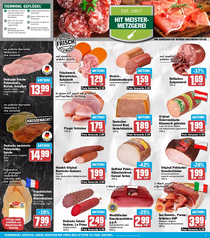 Aktueller Prospekt Hit - Wochenprospekt - von 06.10 bis 11.10.2025 - strona 5 - produkty: auer, aufschnitt, Bau, Bauer, beef, bier, bierschinken, bio, braten, buch, corned beef, eis, elle, ente, Geflügel, gin, gutfried, hähnchenbrust, heidefrühstück, Holz, houdek, kabanos, Käse, Käsewurst, mais, Meister, Mett, mettwurst, monitor, montorsi, natur, parmaschinken, pute, putensteaks, reis, rezept, Ria, ring, rohschinken, saft, salami, schinken, schnitzel, schwein, schweine, steak, steaks, Ti, Tiere, wein, weine, wurst, ZTE, zwiebel, zwiebelmettwurst