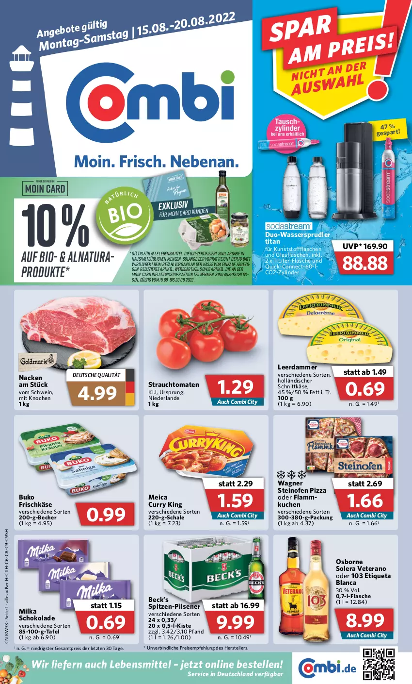 Aktueller Prospekt Combi - Prospekte - von 15.08 bis 20.08.2022 - strona 1 - produkty: Becher, bio, Buko, curry, eis, elle, Etiqueta Blanca, flasche, frischkäse, glasflasche, holländischer schnittkäse, Käse, kuchen, lamm, lebensmittel, leerdammer, meica, milka, milka schokolade, natur, natura, Ofen, osborne, pils, pilsener, pizza, Rauch, reis, Schal, Schale, schnittkäse, schoko, schokolade, schwein, steinofen, steinofen pizza, strauchtomaten, teller, Ti, tomate, tomaten, veterano, wagner, wasser, wassersprudler, wein, ZTE