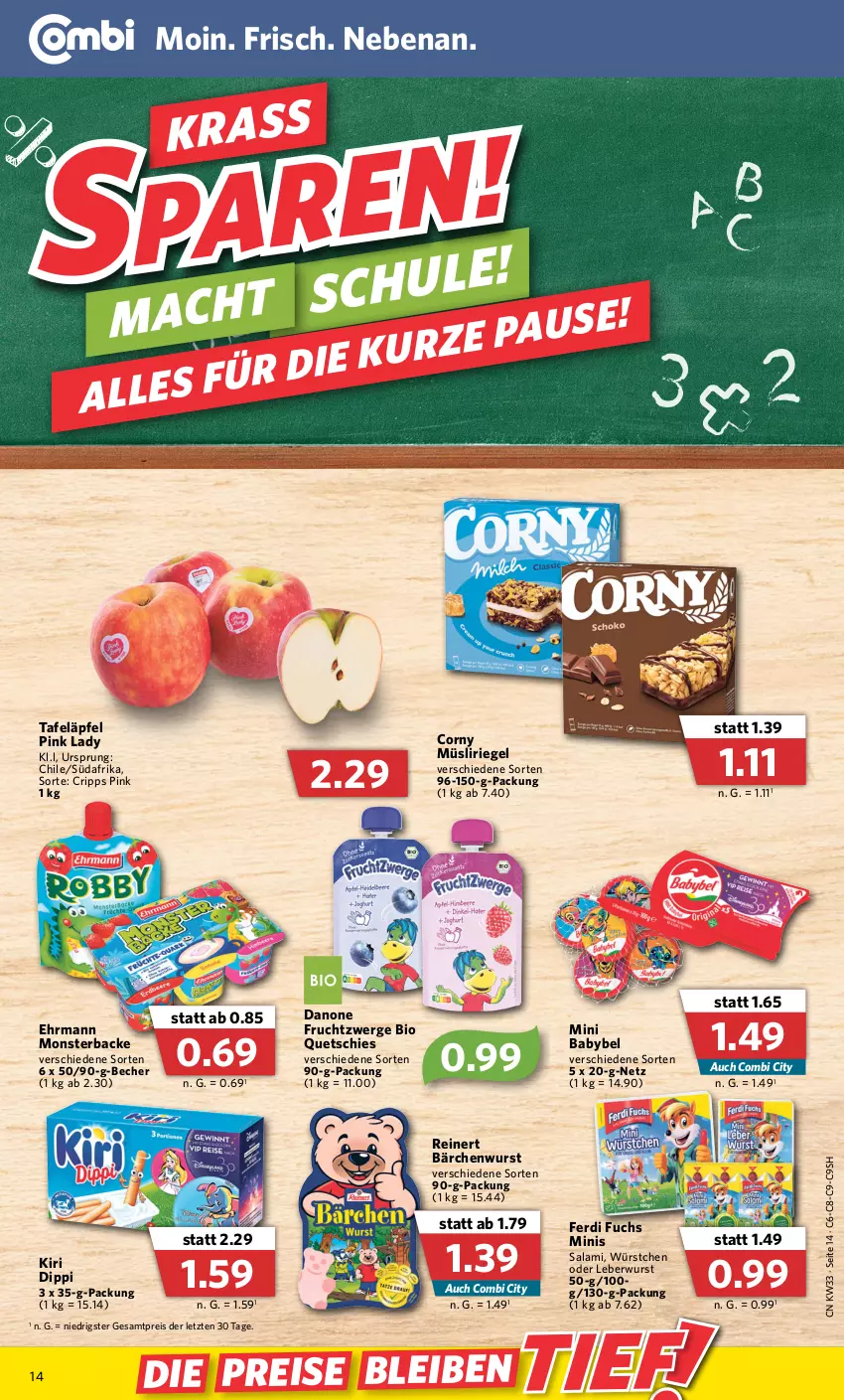 Aktueller Prospekt Combi - Prospekte - von 15.08 bis 20.08.2022 - strona 14 - produkty: babybel, Becher, bio, corny, danone, danone fruchtzwerge, dip, ehrmann, eis, ferdi fuchs, frucht, fruchtzwerge, kiri, leberwurst, mac, mini babybel, monster, müsli, Müsliriegel, Pink Lady, reinert, reis, riegel, salami, tafeläpfel, wurst, würstchen, ZTE