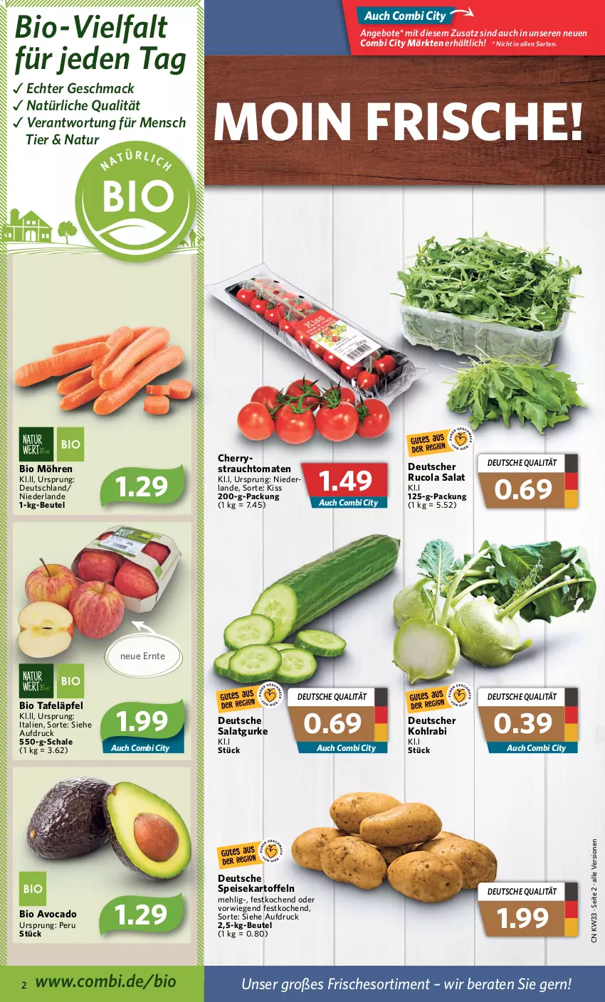 Aktueller Prospekt Combi - Prospekte - von 15.08 bis 20.08.2022 - strona 2 - produkty: angebot, angebote, avocado, beutel, bio, cola, eis, gurke, kartoffel, kartoffeln, kohlrabi, mac, mehl, möhren, natur, Rauch, rucola, salat, Salatgurke, Schal, Schale, speisekartoffeln, strauchtomaten, tafeläpfel, Ti, tomate, tomaten