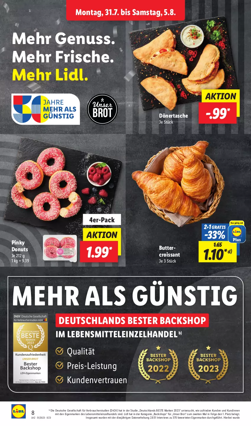 Aktueller Prospekt Lidl - Aktionsprospekt - von 31.07 bis 05.08.2023 - strona 10 - produkty: brot, butter, Croissant, Donut, donuts, eis, lebensmittel, LG, nuss, Rauch, reis, Tasche, Ti