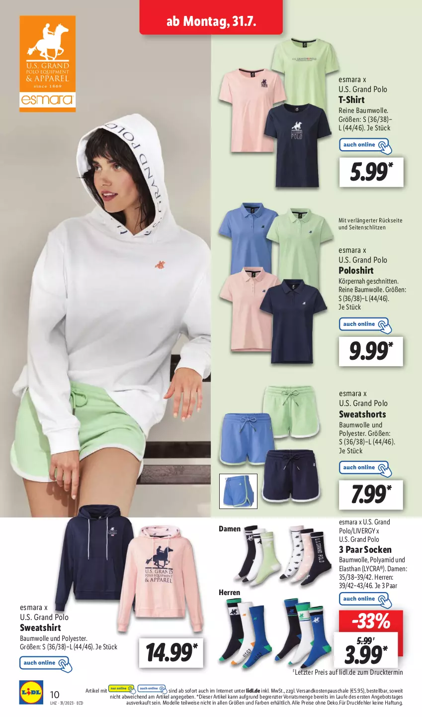 Aktueller Prospekt Lidl - Aktionsprospekt - von 31.07 bis 05.08.2023 - strona 12 - produkty: angebot, Bau, baumwolle, dell, eis, elle, esmara, livergy, Mode, ndk, poloshirt, reine baumwolle, reis, Schal, Schale, schnitten, shirt, shorts, socken, Sweatshirt, sweatshorts, T-Shirt, Ti, wolle, ZTE