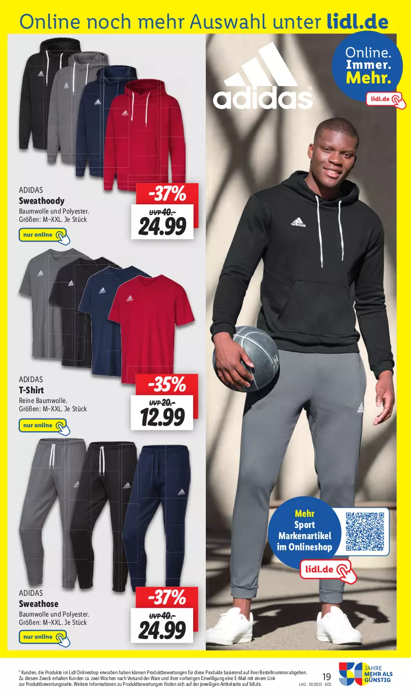 Aktueller Prospekt Lidl - Aktionsprospekt - von 31.07 bis 05.08.2023 - strona 21 - produkty: Adidas, Bau, baumwolle, hose, reine baumwolle, shirt, Sport, Sweathose, T-Shirt, Ti, weck, wolle