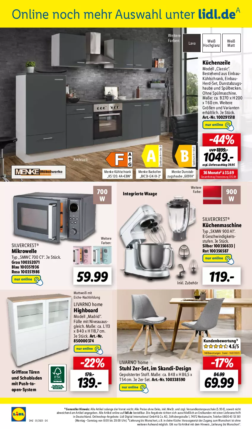 Aktueller Prospekt Lidl - Aktionsprospekt - von 31.07 bis 05.08.2023 - strona 34 - produkty: abzugshaube, angebot, angebote, backofen, Bau, dell, dunstabzug, dunstabzugshaube, einbauherd, einbauherd-set, einbaukühlschrank, eis, elle, highboard, hochglanz, küche, Küchen, küchenmaschine, Küchenzeile, kühlschrank, mikrowelle, Mode, ndk, nivea, Ofen, reis, rel, Ria, rum, Schal, Schale, Schrank, schubladen, silvercrest, Spektrum, stuhl, telefon, Ti, uhr, Waage