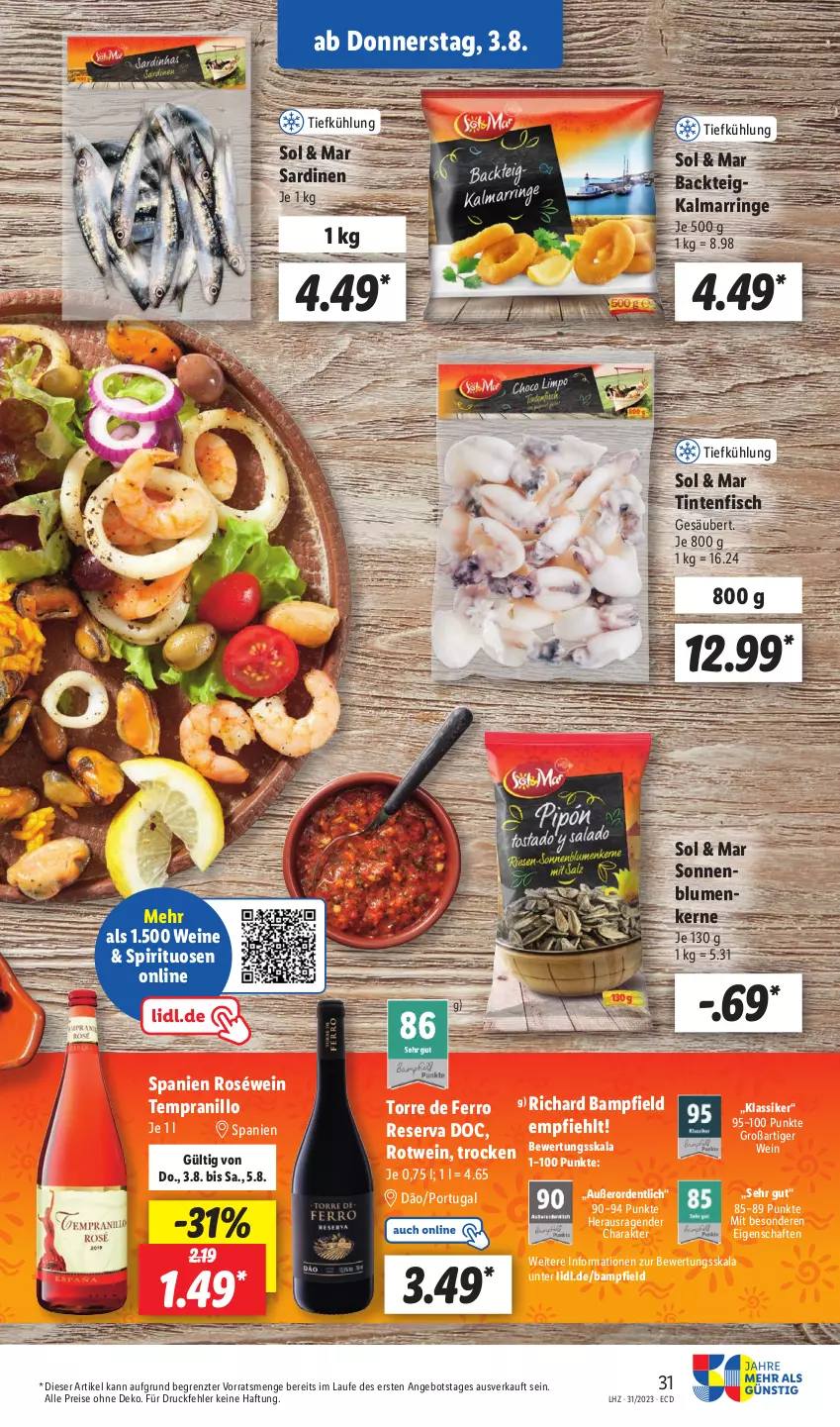 Aktueller Prospekt Lidl - Aktionsprospekt - von 31.07 bis 05.08.2023 - strona 39 - produkty: angebot, blume, blumen, eis, fisch, reis, ring, roséwein, rotwein, Sardinen, spirituosen, tempranillo, Ti, wein, weine, ZTE