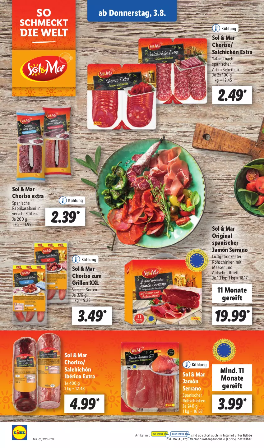 Aktueller Prospekt Lidl - Aktionsprospekt - von 31.07 bis 05.08.2023 - strona 40 - produkty: aufschnitt, chorizo, gin, grill, jamón serrano, messer, ndk, paprika, rohschinken, salami, Schal, Schale, schinken, serrano, Ti