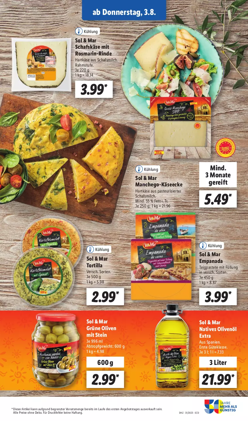 Aktueller Prospekt Lidl - Aktionsprospekt - von 31.07 bis 05.08.2023 - strona 41 - produkty: angebot, eis, grüne oliven, hartkäse, Käse, Manchego, milch, natives olivenöl, olive, oliven, olivenöl, olivenöl extra, pastete, reis, rind, rosmarin, schafskäse, Ti, tortilla, ZTE