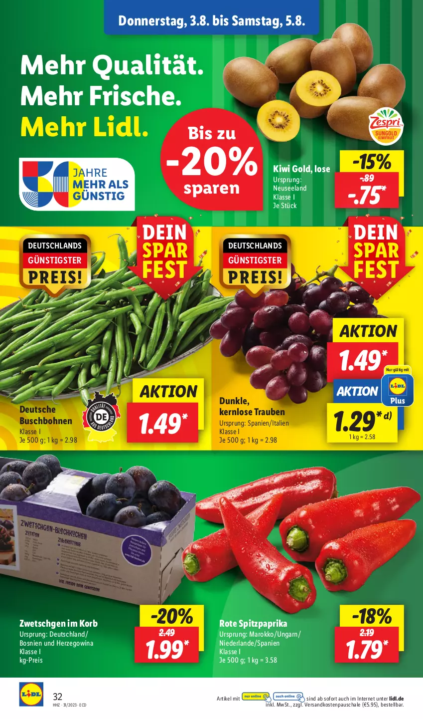 Aktueller Prospekt Lidl - Aktionsprospekt - von 31.07 bis 05.08.2023 - strona 46 - produkty: bohne, bohnen, Buschbohnen, eis, Elan, kiwi, Kiwi Gold, korb, ndk, paprika, reis, Schal, Schale, Spitzpaprika, Ti, trauben