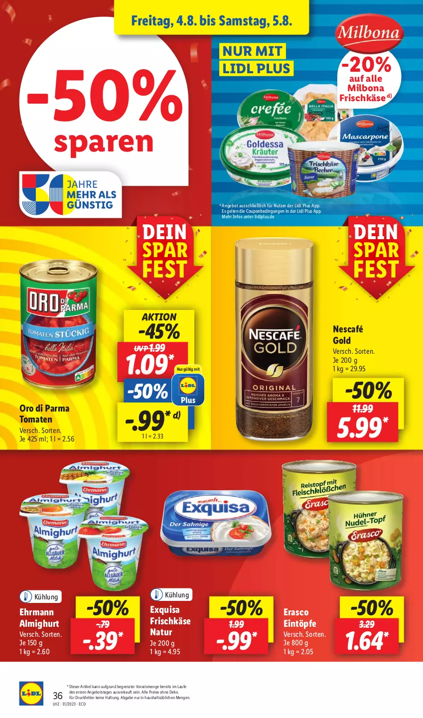 Aktueller Prospekt Lidl - Aktionsprospekt - von 31.07 bis 05.08.2023 - strona 50 - produkty: almighur, almighurt, angebot, Bona, coupon, drucker, ehrmann, ehrmann almighurt, eintöpfe, eis, Engel, erasco, exquisa, exquisa frischkäse, frischkäse, Käse, kerze, Milbona, natur, Nescafé, nescafé gold, oro di parma, papier, reis, Ti, tomate, tomaten, ZTE