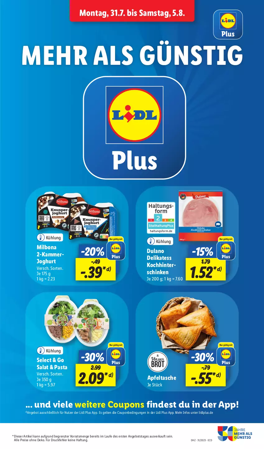 Aktueller Prospekt Lidl - Aktionsprospekt - von 31.07 bis 05.08.2023 - strona 7 - produkty: angebot, apfel, Apfeltasche, Bona, brot, coupon, coupons, dulano, eis, hinterschinken, joghur, joghurt, Milbona, pasta, reis, salat, schinken, Tasche, Ti, ZTE