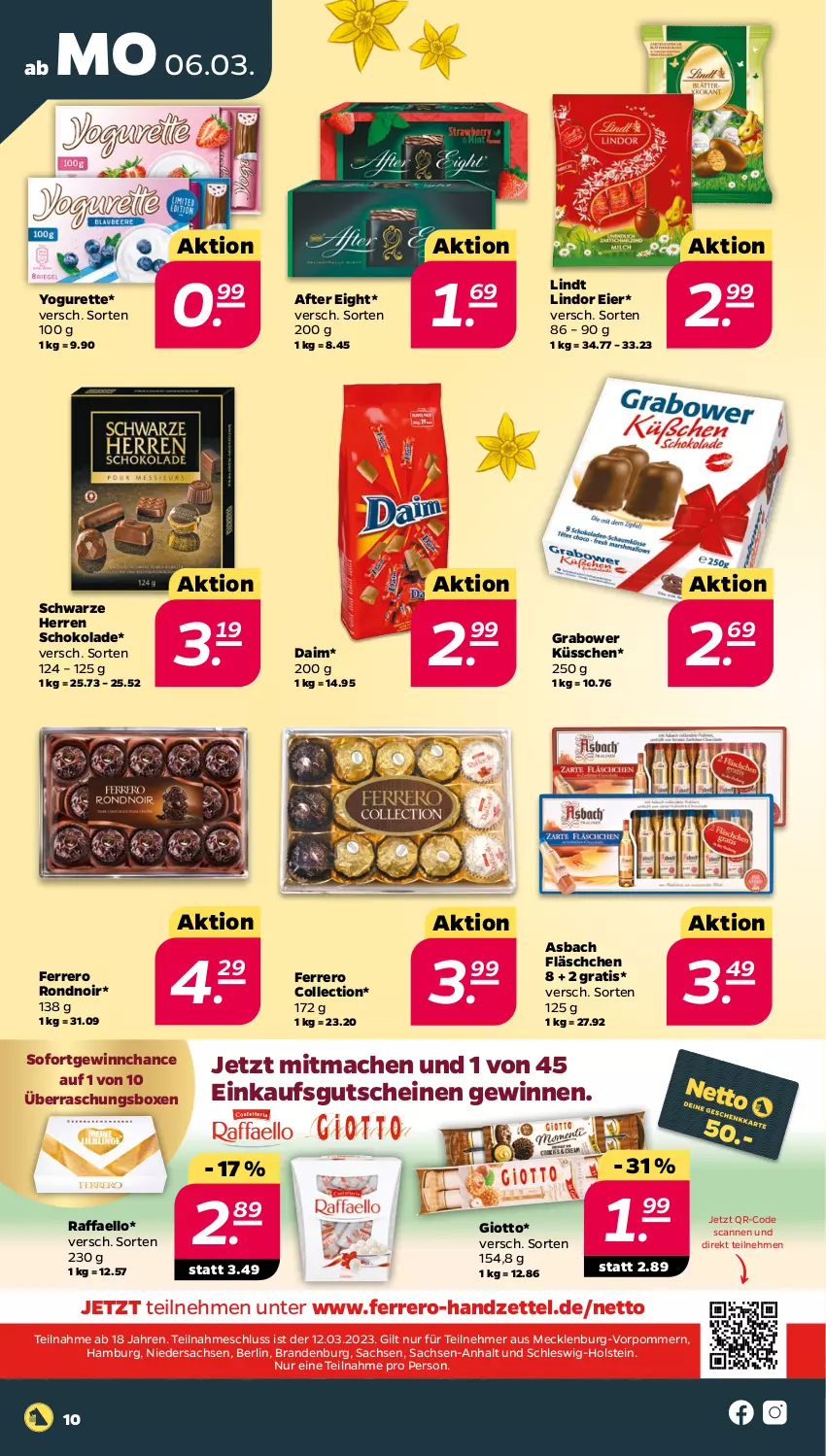 Aktueller Prospekt Netto - Woche 10 - von 06.03 bis 11.03.2023 - strona 10 - produkty: after eight, daim, eier, ferrero, giotto, gutschein, gutscheine, lindor, lindt, mac, raffaello, sac, schoko, schokolade, Ti, Yo, yogurette