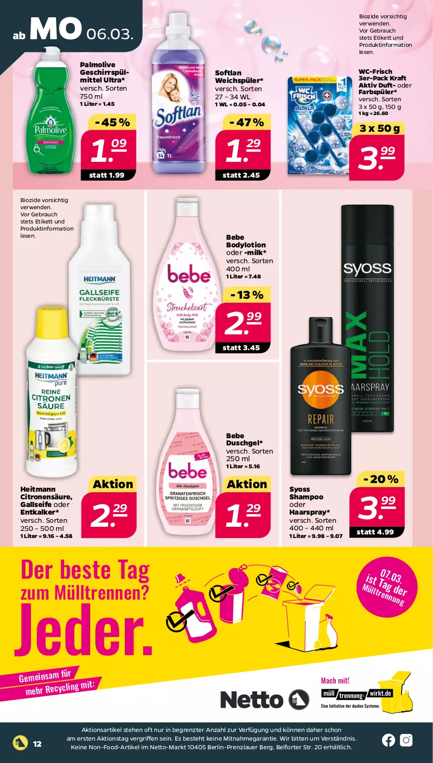 Aktueller Prospekt Netto - Woche 10 - von 06.03 bis 11.03.2023 - strona 12 - produkty: auer, Bebe, bio, body, bodylotion, Clin, duschgel, entkalker, geschirr, geschirrspülmittel, haarspray, heitmann, kraft, Lotion, olive, palmolive, Rauch, rwe, Seife, shampoo, Softlan, spülmittel, syoss, Ti, weichspüler, Yo, ZTE