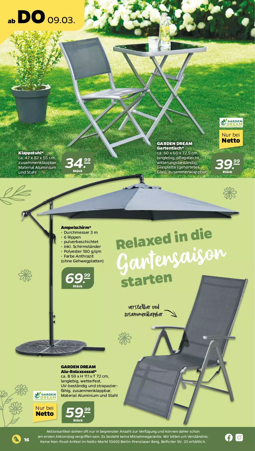 Aktueller Prospekt Netto - Woche 10 - von 06.03 bis 11.03.2023 - strona 16 - produkty: ampelschirm, auer, blume, blumen, Garten, gartentisch, glasplatte, klappstuhl, latte, messer, pflanze, pflanzen, rel, relaxsessel, Ria, Rippen, schirmständer, sessel, stuhl, Ti, tisch, topf, ZTE