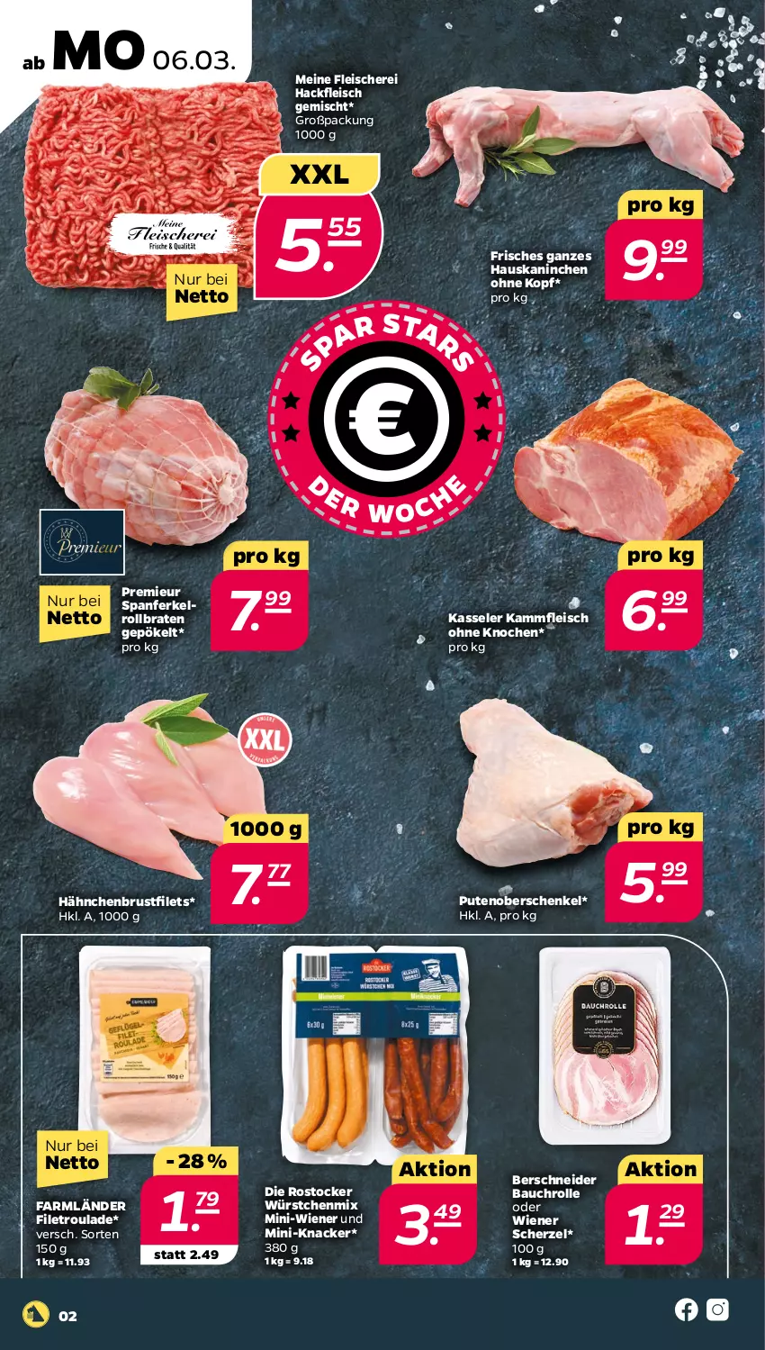 Aktueller Prospekt Netto - Woche 10 - von 06.03 bis 11.03.2023 - strona 2 - produkty: Bau, braten, brustfilet, eis, filet, filets, fleisch, Fleischerei, hackfleisch, hackfleisch gemischt, hähnchenbrust, hähnchenbrustfilet, henkel, kasseler, knacker, pute, rollbraten, Rostocker, schenkel, Schere, Ti, wiener, würstchen