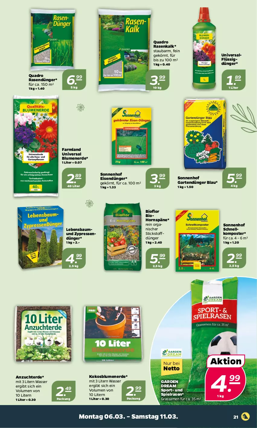 Aktueller Prospekt Netto - Woche 10 - von 06.03 bis 11.03.2023 - strona 21 - produkty: Bau, bio, blume, blumen, blumenerde, dünger, eis, erde, flüssigdünger, Garten, kokos, Komposter, quad, Quadro, rasen, rasendünger, Sport, Ti, wasser