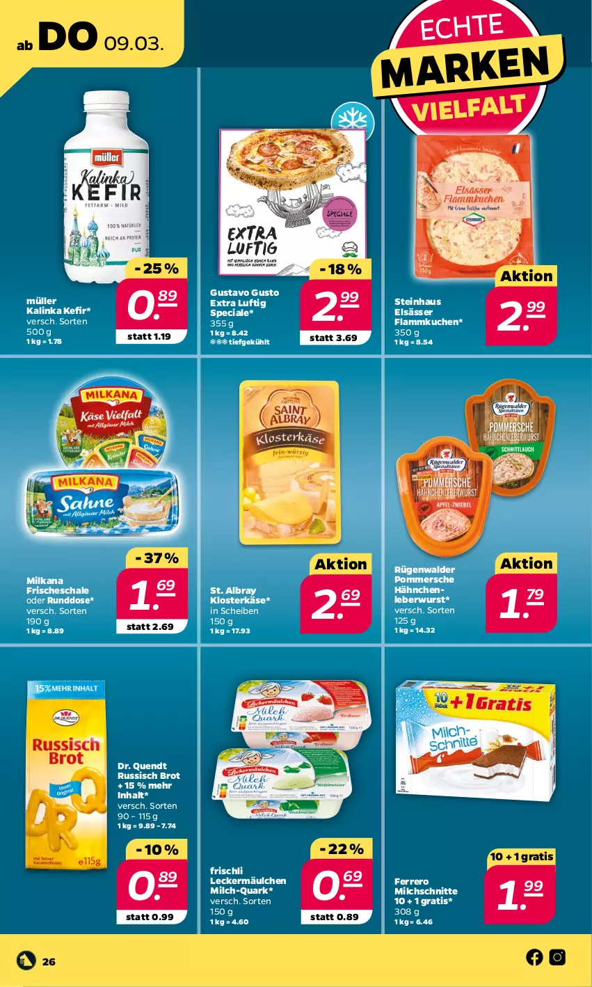 Aktueller Prospekt Netto - Woche 10 - von 06.03 bis 11.03.2023 - strona 26 - produkty: albray, brot, ferrero, flammkuchen, frischli, Käse, Kefir, kuchen, lamm, leberwurst, leckermäulchen, milch, Milchschnitte, milka, milkana, Müller, Pommersche, quark, rügenwalder, russisch brot, Schal, Schale, St. Albray, steinhaus, Ti, wurst