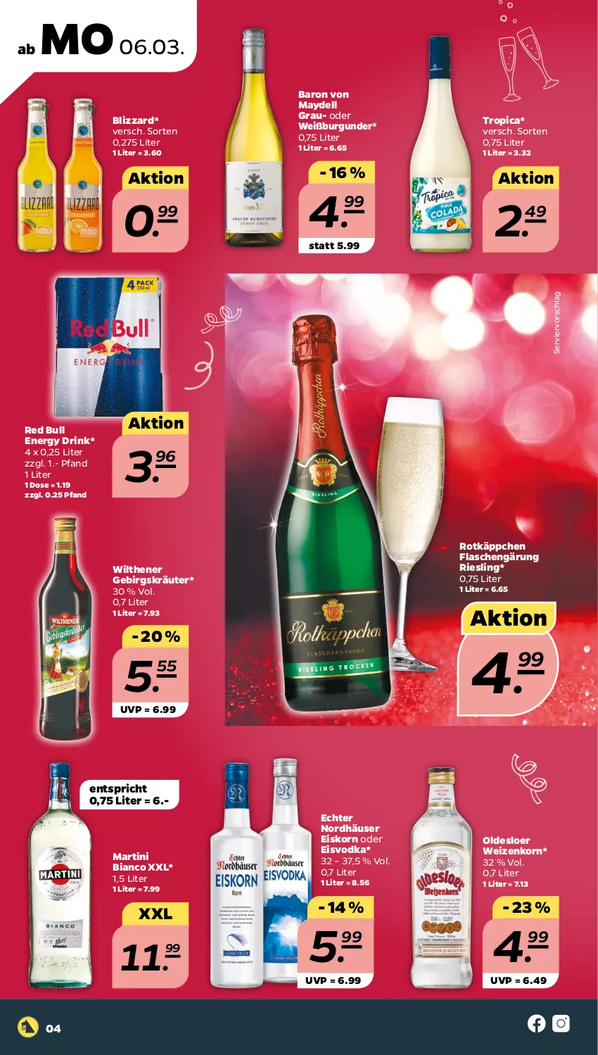 Aktueller Prospekt Netto - Woche 10 - von 06.03 bis 11.03.2023 - strona 4 - produkty: Blizzard, burgunder, dell, drink, eis, energy drink, flasche, korn, kräuter, martini, oldesloer, red bull, riesling, rotkäppchen, Ti, vodka, Weißburgunder, weizenkorn, wilthener