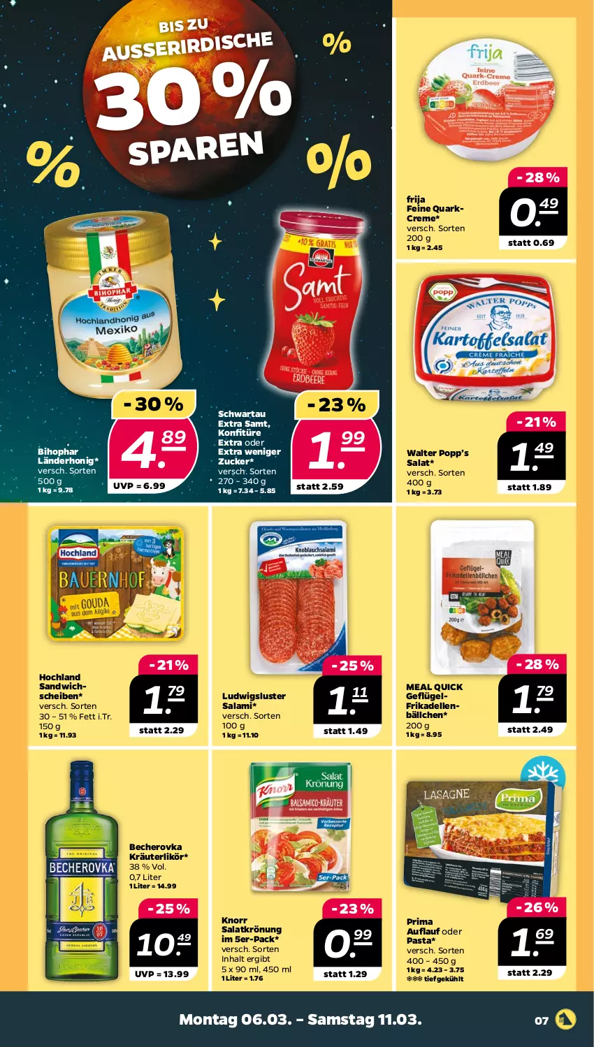 Aktueller Prospekt Netto - Woche 10 - von 06.03 bis 11.03.2023 - strona 7 - produkty: Becher, Becherovka, bihophar, creme, dell, elle, frikadellen, Geflügel, hero, hochland, honig, knorr, konfitüre, konfitüre extra, kräuter, kräuterlikör, likör, pasta, Popp, quark, salami, salat, salatkrönung, sandwich, Schwartau, Ti, zucker