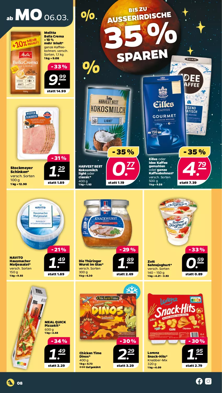 Aktueller Prospekt Netto - Woche 10 - von 06.03 bis 11.03.2023 - strona 8 - produkty: bella crema, bohne, bohnen, Hausmacher, joghur, joghurt, kaffee, kaffeebohnen, kokos, kokosmilch, lorenz, mac, matjes, melitta, milch, pizza, ring, sahne, Sahnejoghurt, salat, schinken, snack, stockmeyer, Ti, wurst, zott