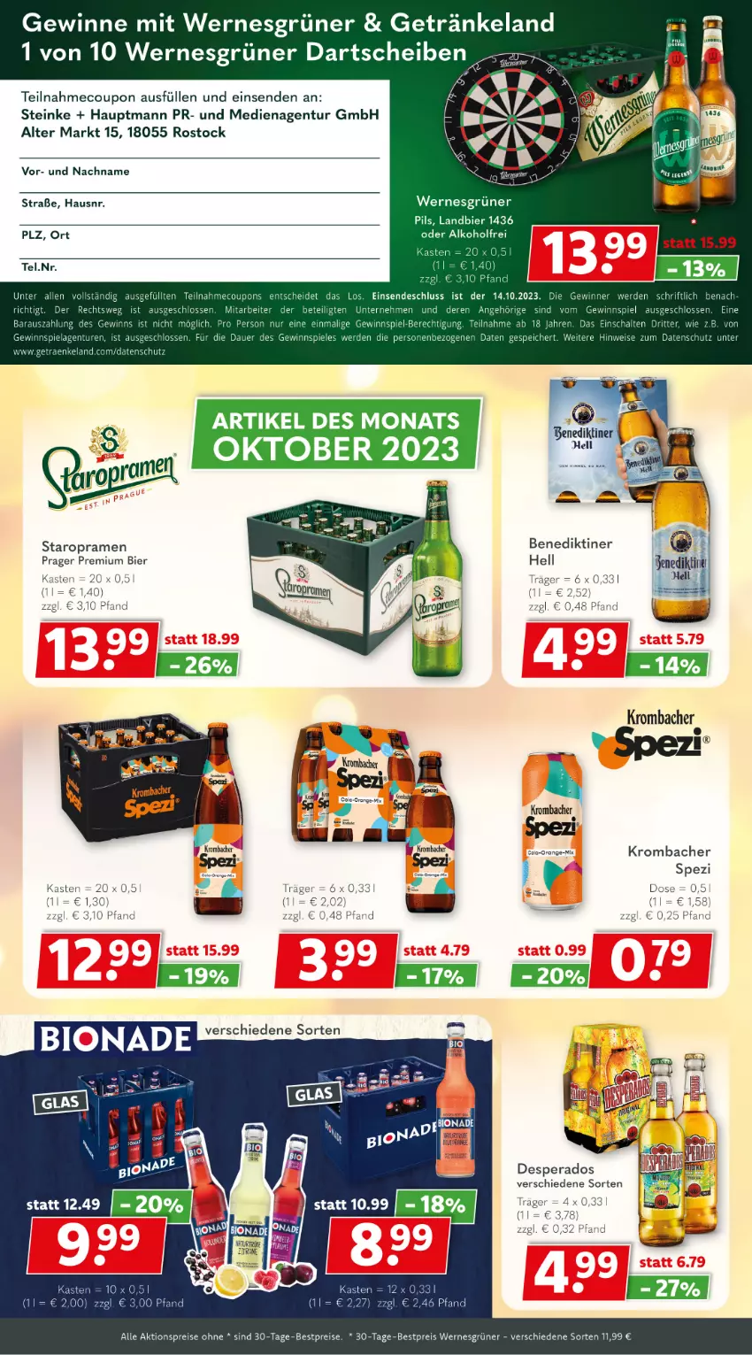 Aktueller Prospekt Getraenkeland - von 02.10 bis 14.10.2023 - strona 4 - produkty: aktionspreis, alkohol, auer, bestpreis, bestpreise, bier, bio, bionade, coupon, coupons, desperados, eis, Elan, erde, getränk, getränke, gewinnspiel, krombache, krombacher, pils, reis, rel, ritter, Schal, Spezi, Spiele, Staropramen, Ti