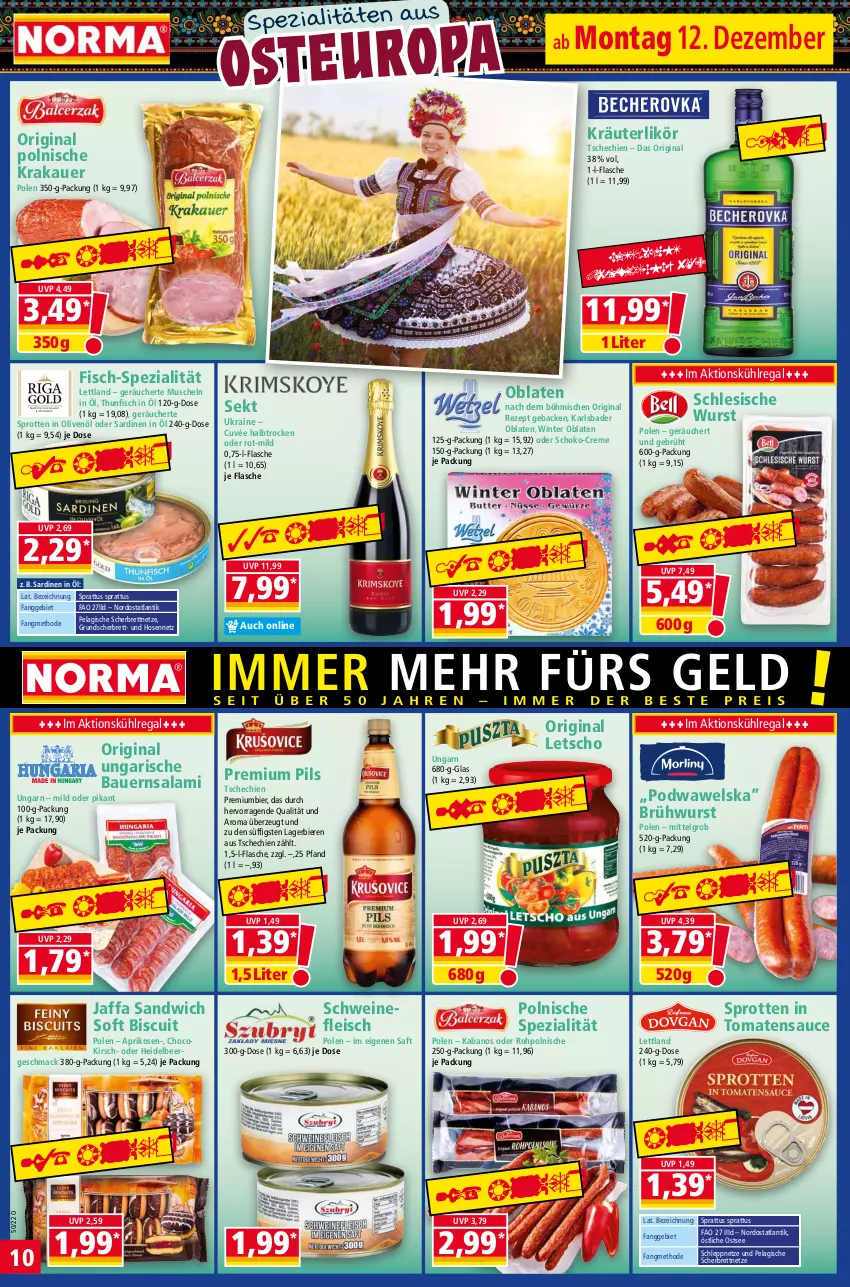 Aktueller Prospekt Norma - Norma - von 12.12 bis 19.12.2022 - strona 10 - produkty: aprikose, aprikosen, auer, Bad, Bau, Bauer, bier, Biere, Brühwurst, creme, cuvée, eis, fisch, flasche, fleisch, geback, gin, hose, hosen, HP, in olivenöl, kabanos, kirsch, krakauer, kräuter, kräuterlikör, kühlregal, Lagerbier, Letscho, LG, likör, mac, Muscheln, Oblaten, olive, oliven, olivenöl, pils, premium pils, Premiumbier, regal, rezept, saft, salami, sandwich, Sardinen, sauce, schoko, schwein, schweine, schweinefleisch, sekt, Spezi, Sprotten, thunfisch, Ti, tomate, tomaten, tomatensauce, wein, weine, Wels, wurst