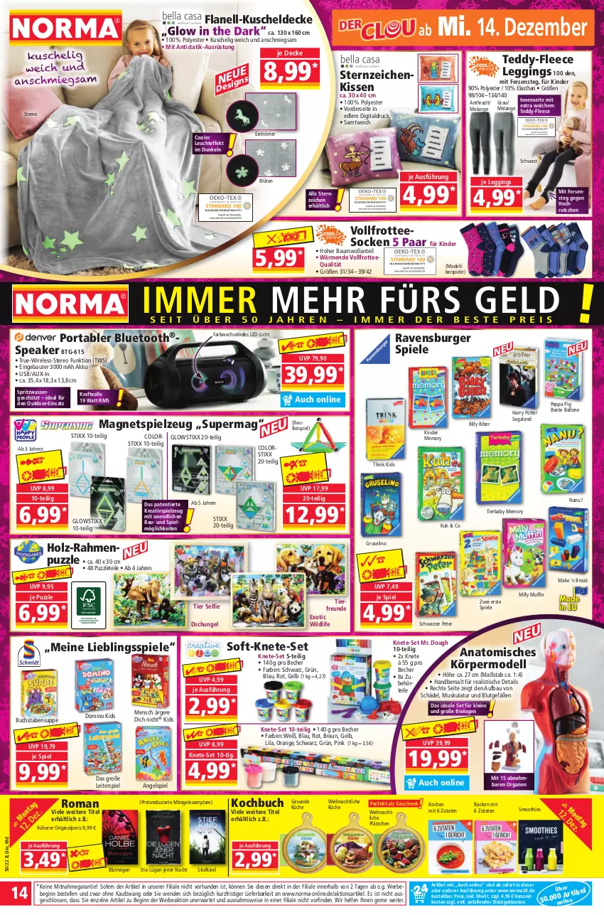 Aktueller Prospekt Norma - Norma - von 12.12 bis 19.12.2022 - strona 14 - produkty: akku, ball, Bau, Bebe, Becher, bio, Blüte, braun, buch, burger, decke, dell, eis, Elan, elle, gin, Holz, Kinder, kissen, kraft, küche, kuscheldecke, Lätzche, led-licht, leggings, leine, Leuchte, LG, Magnets, Mode, Muffin, ndk, orange, Peppa Pig, Puzzle, ravensburger, reis, rel, smoothie, smoothies, socken, Spiele, spielzeug, suppe, tee, Ti, tisch, usb, wasser, Wild