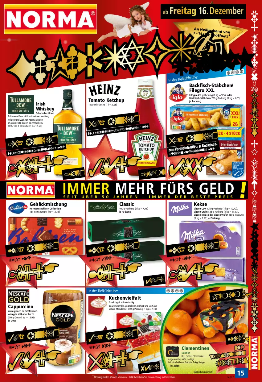 Aktueller Prospekt Norma - Norma - von 12.12 bis 19.12.2022 - strona 15 - produkty: backfisch, bahlsen, Cap, cappuccino, cin, clementinen, eier, eis, elle, filegro, fisch, flasche, frucht, früchte, gebäckmischung, irish whiskey, joghur, joghurt, Käse, keks, kekse, ketchup, kuchen, latte, mandarine, reis, saft, sahne, schoko, Ti, tiefpreis, tisch, tomato ketchup, tullamore, tullamore dew, uhr, whiskey