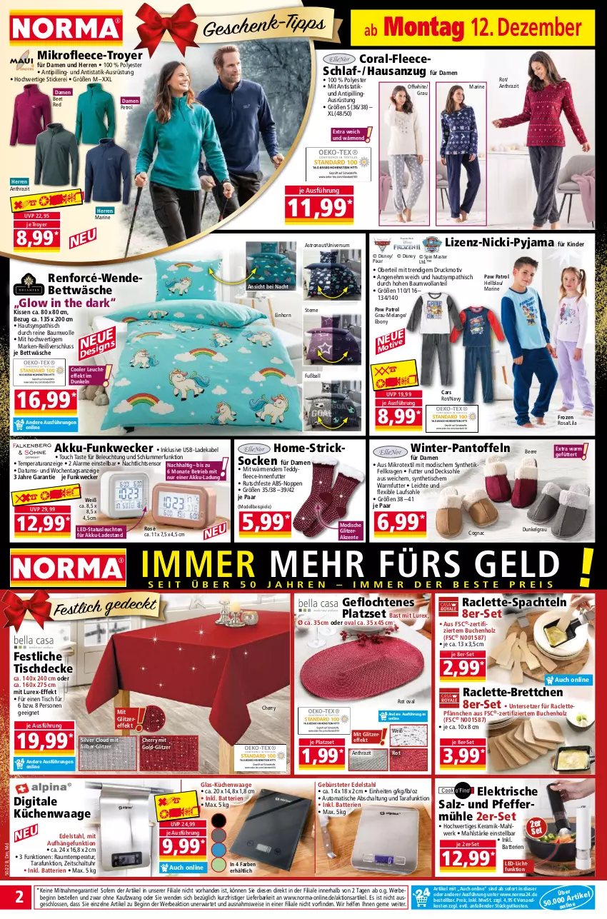 Aktueller Prospekt Norma - Norma - von 12.12 bis 19.12.2022 - strona 2 - produkty: akku, Anzug, auto, ball, batterie, batterien, Bau, baumwolle, Bebe, beere, beleuchtung, bett, bettwäsche, Brettchen, buch, bürste, Cars, Cognac, Coral, decke, decksohle, deka, dell, disney, edelstahl, eis, Elan, elle, ente, Funkwecker, Fußball, gefu, gin, Holz, Kinder, kissen, küche, Küchen, Küchenwaage, ladekabel, led-licht, Leuchte, leuchten, LG, Mode, Nachtlicht, ndk, Pantoffeln, Paw Patrol, pfeffer, Pfeffermühle, Pyjama, reine baumwolle, reis, salz, Schal, socken, spachtel, Spiele, Stricksocken, Ti, Tipi, tisch, tischdecke, uhr, Untersetzer, usb, Waage, weck, wendebettwäsche, wolle