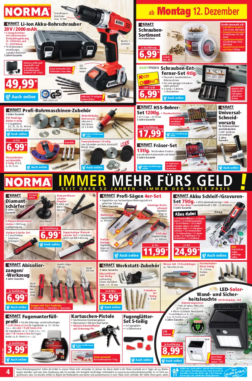 Aktueller Prospekt Norma - Norma - von 12.12 bis 19.12.2022 - strona 4 - produkty: abis, akku, akku-bohrschrauber, auer, aufbewahrungskoffer, Bau, Bebe, Bitset, Bohrerset, Bohrschrauber, Brei, bürste, Draht, eimer, eis, Elektro, elle, ente, Fugenglätter, gin, gsw, henkel, Holz, koffer, kraft, ladegerät, Lampe, latte, leds, leimer, Leuchte, LG, li-ion-akku, messer, ndk, reis, rwe, säge, Schärfstation, schnellladegerät, schrauben, stichsäge, Ti, tisch, werkzeug, Zangen, ZTE