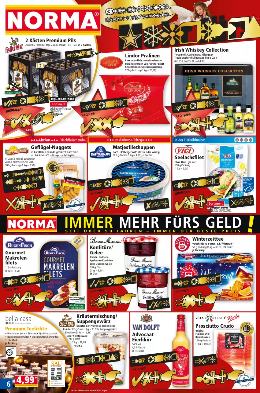 Aktueller Prospekt Norma - Norma - von 12.12 bis 19.12.2022 - strona 6 - produkty: aktionspreis, aprikose, aprikosen, auer, Becher, Berger, beutel, chili, cola, dip, eier, eierlikör, eis, filet, filets, flakes, flasche, fleisch, Geflügel, gelee, geschenkpackung, gewürz, gin, irish whiskey, kilbeggan, kirsch, konfitüre, kräuter, Kräutermischung, kühlregal, lachs, lachsfilet, likör, lindor, lindt, Makrele, Makrelenfilets, matjes, Matjesfilet, nuggets, pils, pralinen, premium pils, prosciutto, prosciutto crudo, regal, reis, rel, rohschinken, salat, schinken, seelachsfilet, suppe, suppen, tee, Teelicht, teelichte, Ti, whiskey, ZTE