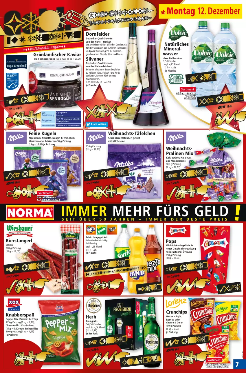 Aktueller Prospekt Norma - Norma - von 12.12 bis 19.12.2022 - strona 7 - produkty: alpenmilch, Alwa, ball, bier, chips, crunchips, dornfelder, eis, erdnuss, erfrischungsgetränk, fisch, flasche, fleisch, früchte, früchten, getränk, haselnuss, kakao, Käse, ketchup, kuchen, Kugel, Lebkuchen, mac, mandel, marzipan, meeresfrüchte, milch, mineralwasser, natürliches mineralwasser, nuss, paprika, pasta, pommes, pralinen, qualitätswein, regal, riegel, schoko, schokolade, schokoladen, schokoriegel, silvaner, Ti, Tiere, tisch, wasser, wein, Weste