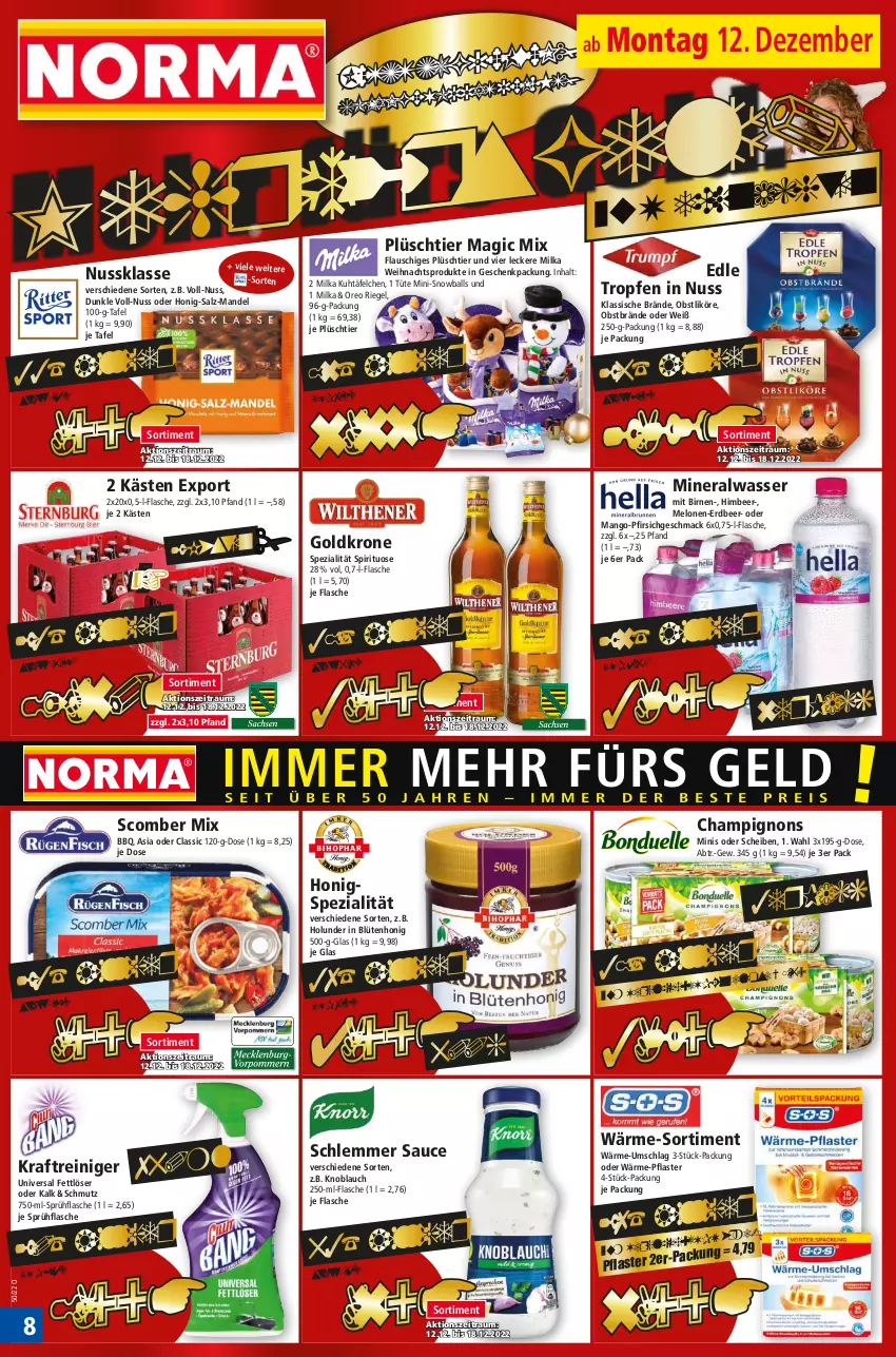 Aktueller Prospekt Norma - Norma - von 12.12 bis 19.12.2022 - strona 8 - produkty: Alwa, ball, Birnen, Blüte, blütenhonig, champignon, champignons, Fettlöser, flasche, geschenkpackung, goldkrone, himbeer, holunder, honig, knoblauch, kraft, krone, likör, mac, mandel, mango, melone, melonen, milka, mineralwasser, nuss, obst, oreo, pfirsich, pflaster, Plüsch, reiniger, riegel, salz, sauce, Spezi, sprühflasche, Ti, Tüte, wasser