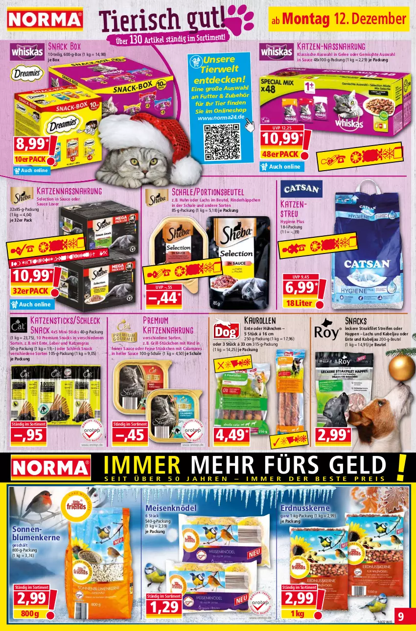 Aktueller Prospekt Norma - Norma - von 12.12 bis 19.12.2022 - strona 9 - produkty: beutel, blume, blumen, decke, eis, elle, ente, erdnuss, filet, gelee, grill, katzennahrung, Katzenstreu, Knödel, lachs, Meisenknödel, Nassnahrung, nuss, portionsbeutel, reifen, rind, rinder, rwe, sauce, Schal, Schale, snack, snacks, sonnenblume, sonnenblumen, Sonnenblumenkerne, steak, Ti