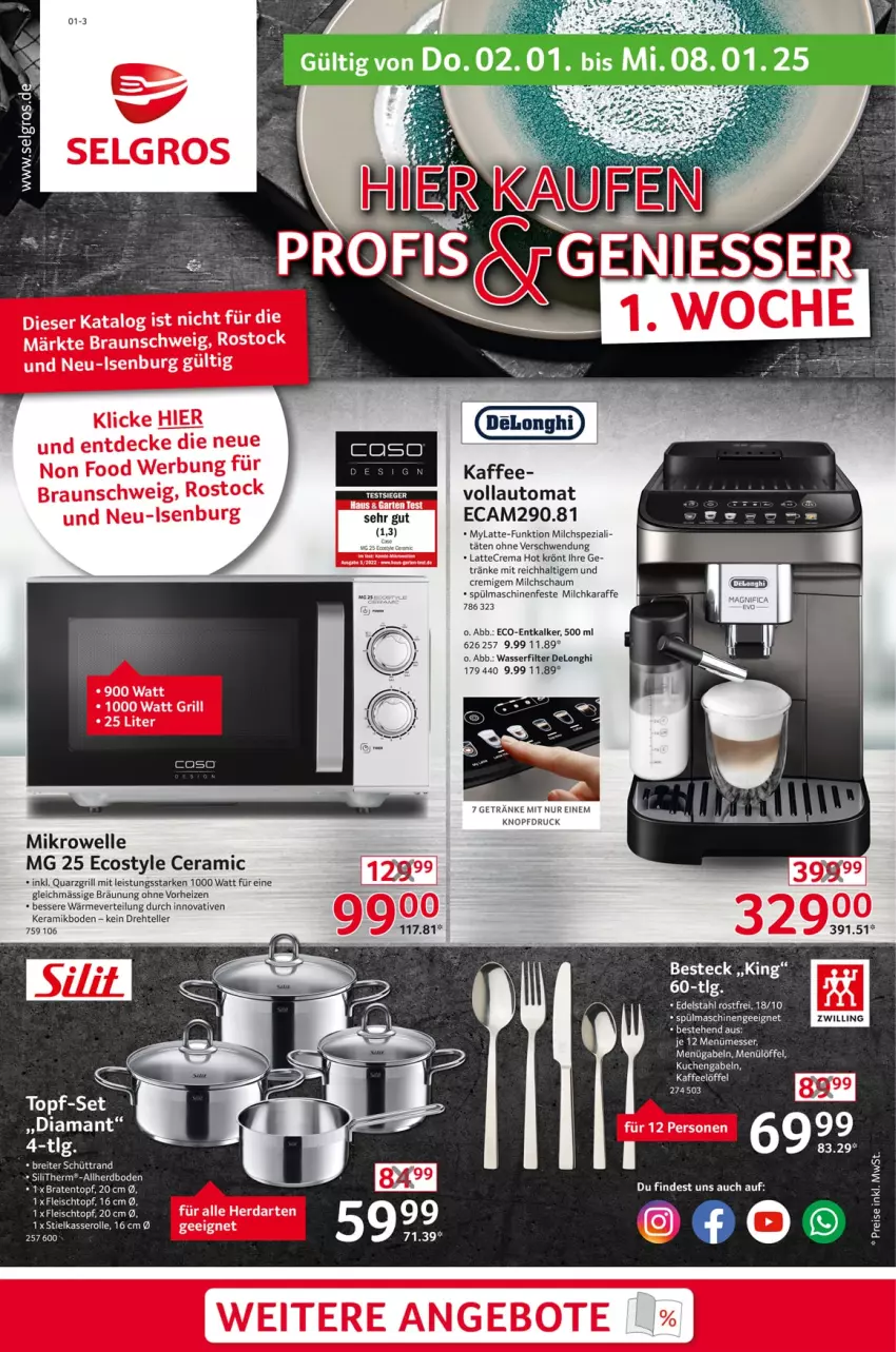 Aktueller Prospekt Selgros - Non Food - von 02.01 bis 08.01.2025 - strona 1 - produkty: angebot, angebote, auto, besteck, braten, Bratentopf, braun, Brei, decke, delonghi, eis, elle, entkalker, fleisch, Fleischtopf, gabel, grill, herdarten, kaffee, Karaffe, kuchen, latte, Löffel, mikrowelle, milch, Spezi, spülmaschinen, stielkasserolle, tee, teller, Ti, topf, wasser, wasserfilter