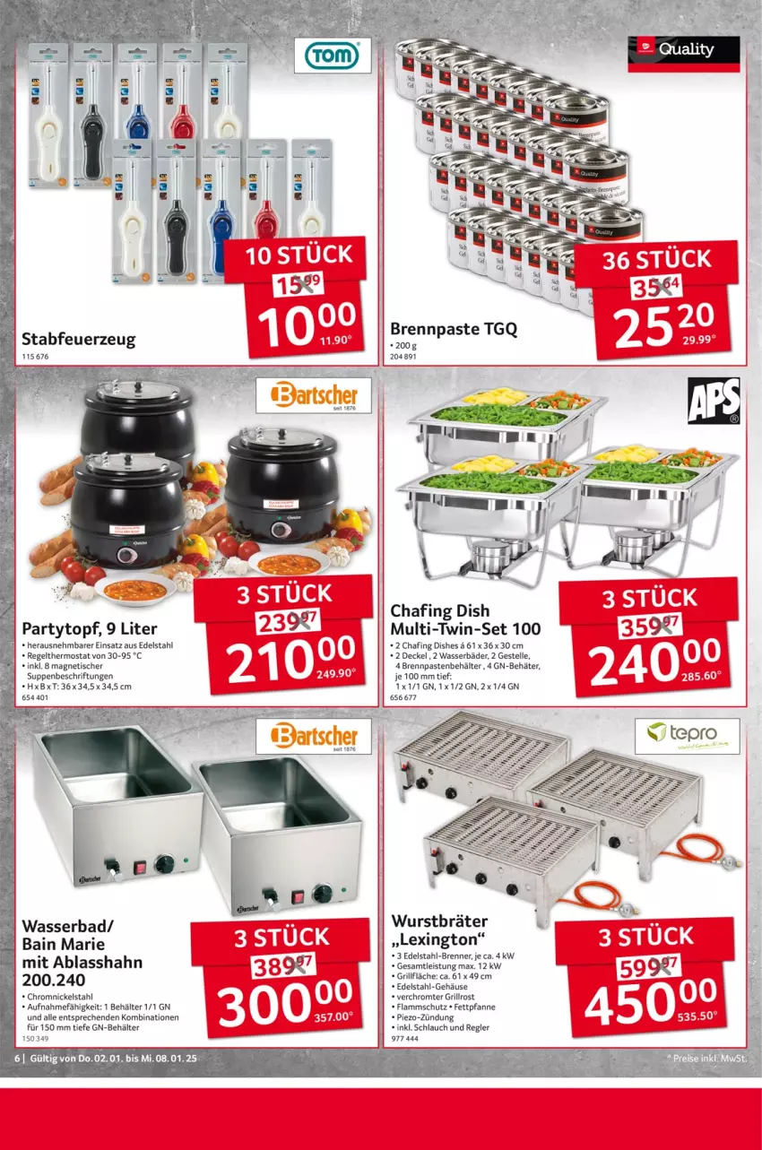 Aktueller Prospekt Selgros - Non Food - von 02.01 bis 08.01.2025 - strona 6 - produkty: Bad, Behälter, Brennpaste, decke, Deckel, edelstahl, eis, elle, Feuerzeug, grill, grillfläche, grillrost, lamm, pfanne, piezo-zündung, reis, schlauch, suppe, suppen, thermostat, Ti, tisch, topf, wasser, wurst