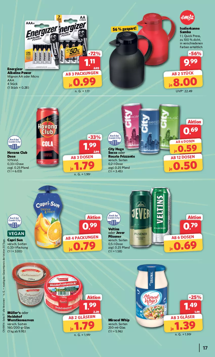 Aktueller Prospekt Combi - Prospekte - von 02.04 bis 06.04.2024 - strona 17 - produkty: Cap, ecco, eis, energizer, frizzante, Gläser, Havana Club, hugo, isolierkanne, jever, jever pilsener, Konserven, miracel, miracel whip, Müller, pils, pilsener, reis, rosato, Ti, veltins, wurst, wurstkonserven, ZTE